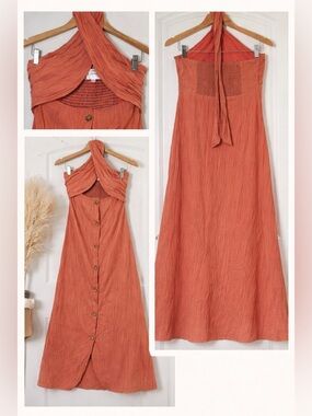 Line & Dot Rust Halter Midi Dress Button Front Smocked Back Size S Summer